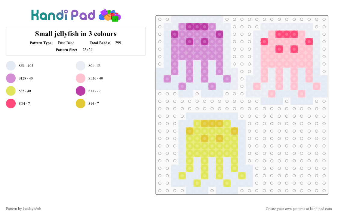 Small jellyfish in 3 colours - Fuse Bead Pattern by koolayaduh on Kandi Pad - white,pink,yellow,jellyfish,ocean,perler,fuse beads,cute,small,charm,sea