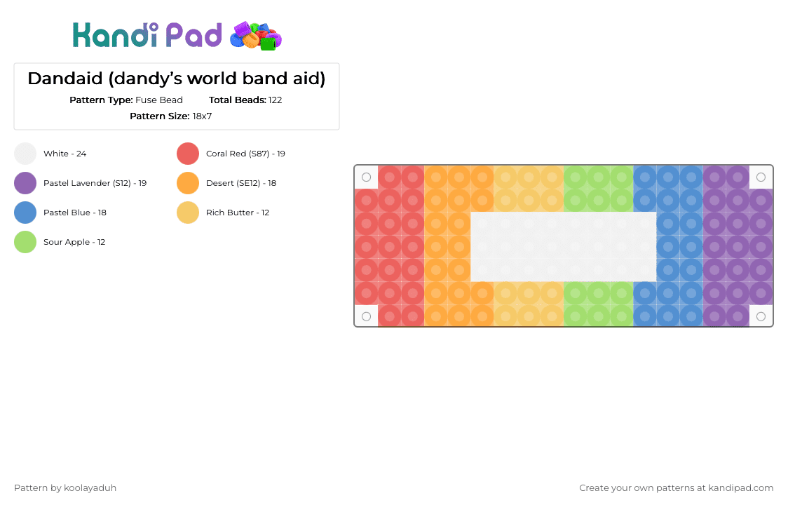 Dandaid (dandy’s world band aid) - Fuse Bead Pattern by koolayaduh on Kandi Pad - red,orange,light blue,pink,band,bandaid,plaster,dandy,dandys,world,rainbow,heal