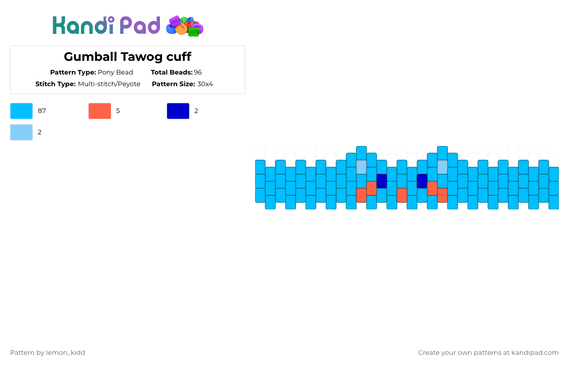 Gumball Tawog cuff - Pony Bead Pattern by lemon_kidd on Kandi Pad - light blue,gumball,tawog,kandi cuff,gumball tawog