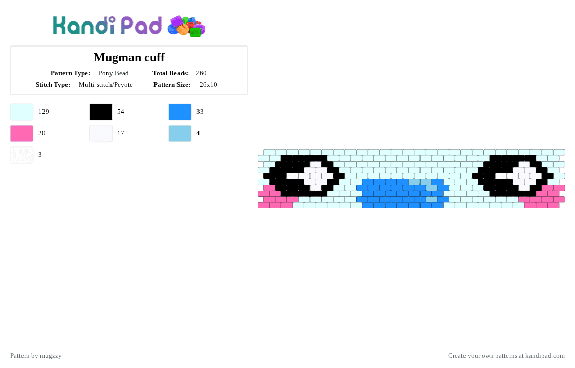 Mugman cuff - Pony Bead Pattern by mugzzy on Kandi Pad - cuff, cuphead, cuphead cuff, light blue, mugman, mugman cuff, pink, white, yeah im weird so what