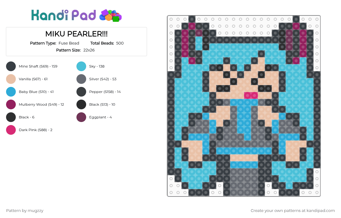MIKU PEARLER!!! - Fuse Bead Pattern by mugzzy on Kandi Pad - hatsune, hatsune miku, light blue, miku, miku hatsune, triple baka, vocaloid