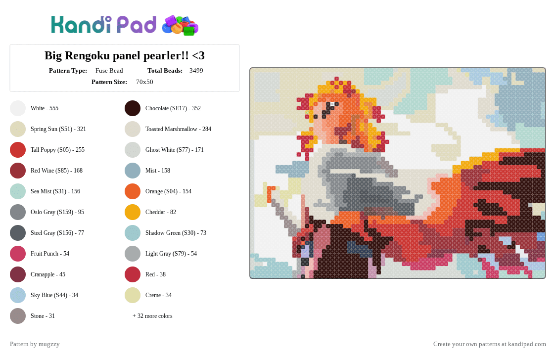 Big Rengoku panel pearler!! - Fuse Bead Pattern by mugzzy on Kandi Pad - anime, brown, colorful, cotdanime, demon slayer, demon slayer rengoku, gray, light blue, pearler, red, rengoku, rengoku demon slayer