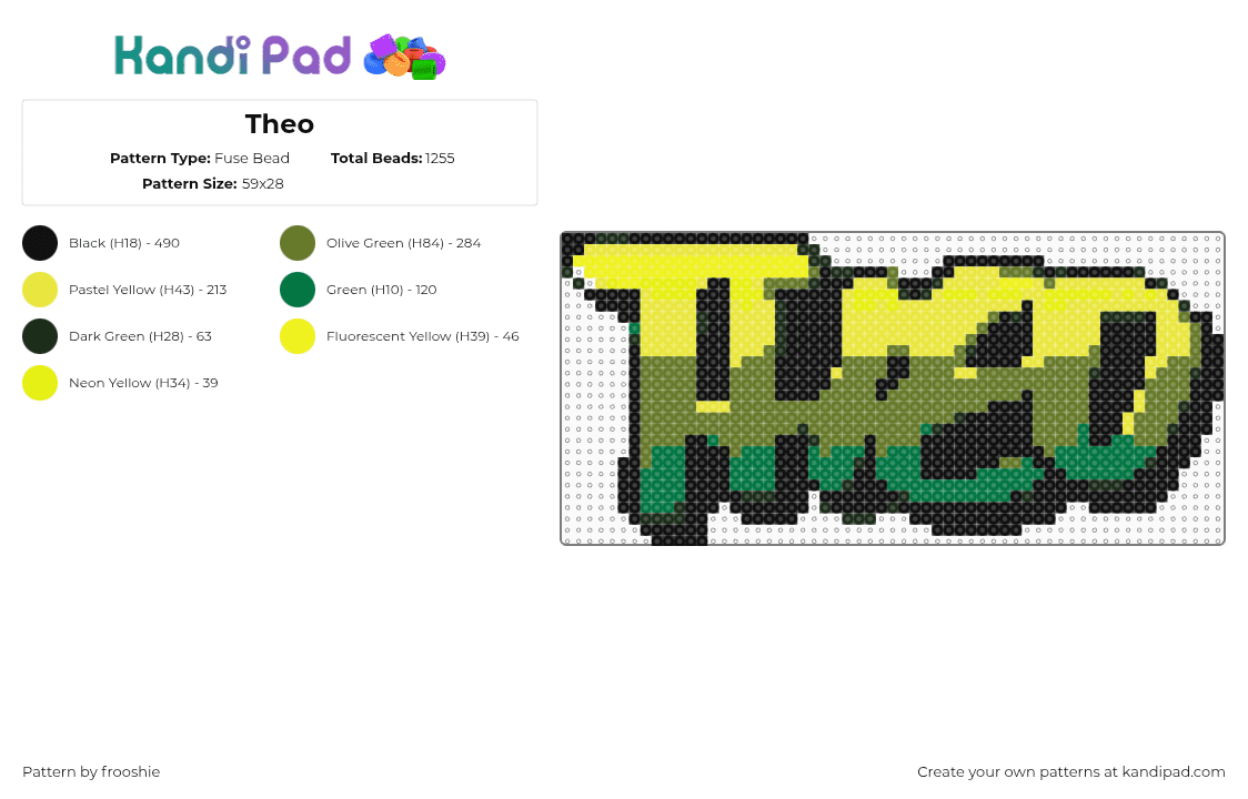 Theo - Fuse Bead Pattern by frooshie on Kandi Pad - theo,name,graffiti,text,green,yellow