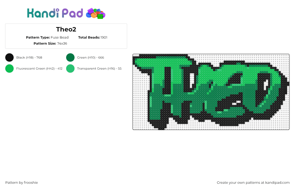 Theo2 - Fuse Bead Pattern by frooshie on Kandi Pad - theo,name,graffiti,text,green