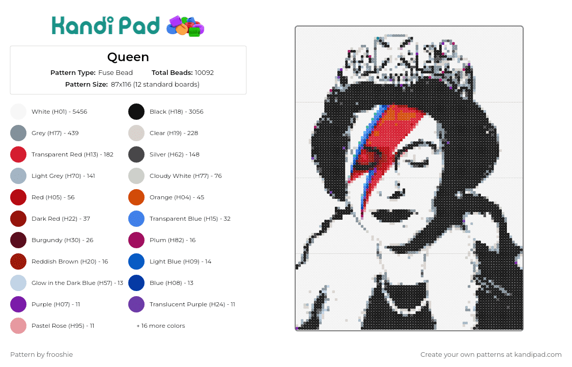 Queen - Fuse Bead Pattern by frooshie on Kandi Pad - queen,david bowie,music,portrait,mashup,black,white,red