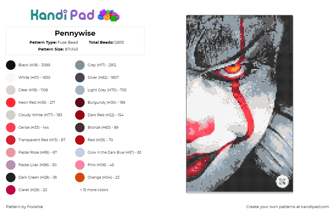 Pennywise - Fuse Bead Pattern by frooshie on Kandi Pad - pennywise,it,stephen king,clown,scary,horror,book,movie,visage,red,gray