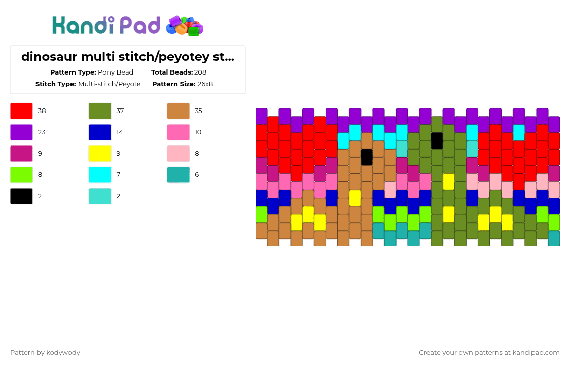 dinosaur multi stitch/peyotey stitch - Pony Bead Pattern by kodywody on Kandi Pad - purple,orange,pink,colorful,dinosaur