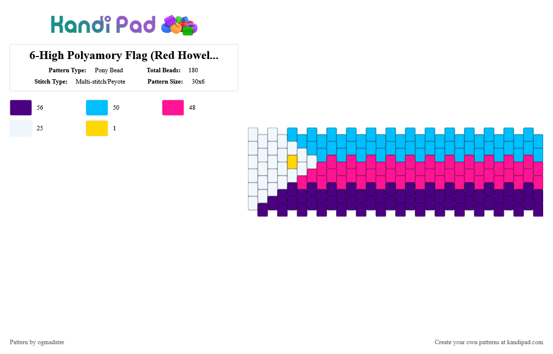 6-High Polyamory Flag (Red Howell, 2022) - Pony Bead Pattern by ogmadster on Kandi Pad - flag, lgbtq, light blue, pink, polyamory, pride, purple