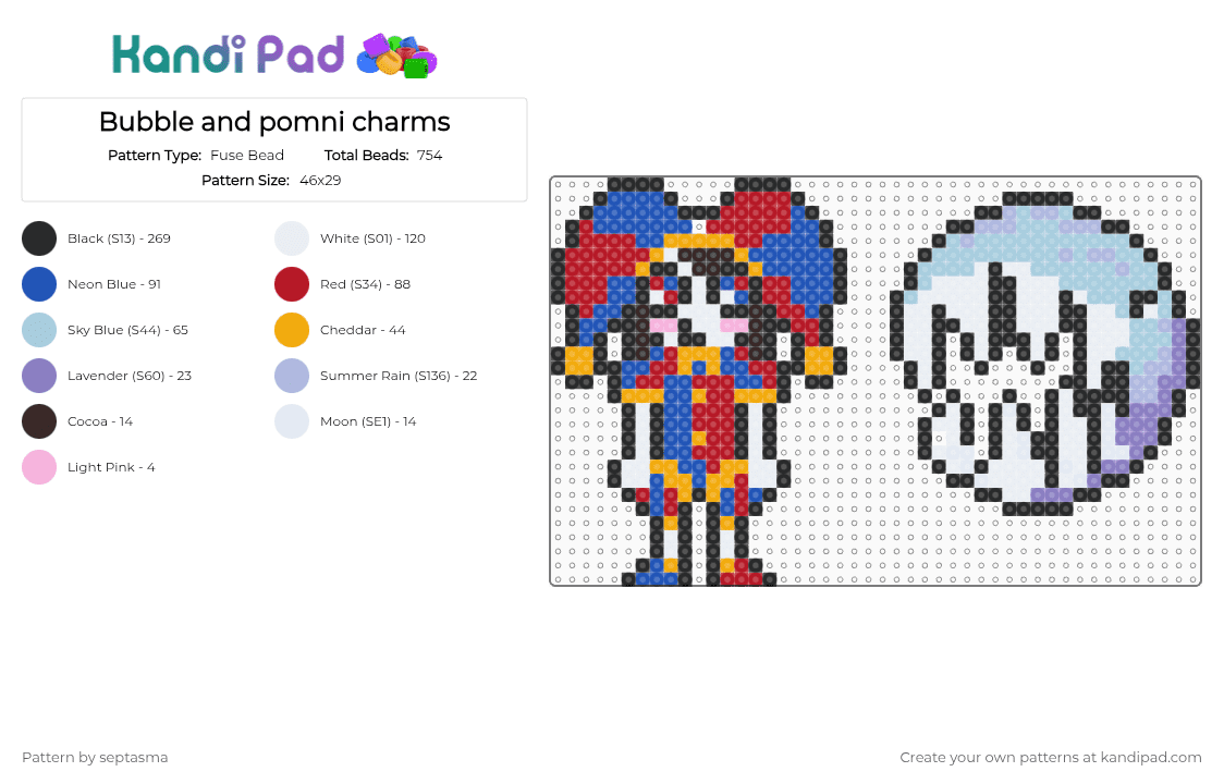 Bubble and pomni charms - Fuse Bead Pattern by septasma on Kandi Pad - blue,red,light blue,bubble,bubble tadc,pomni,pomni tadc,the amazing digital circus,tadc
