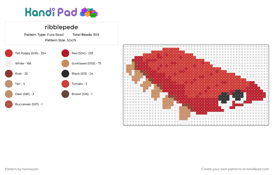 ribblepede - Fuse Bead Pattern by septasma on Kandi Pad - red,bugsnax,video games
