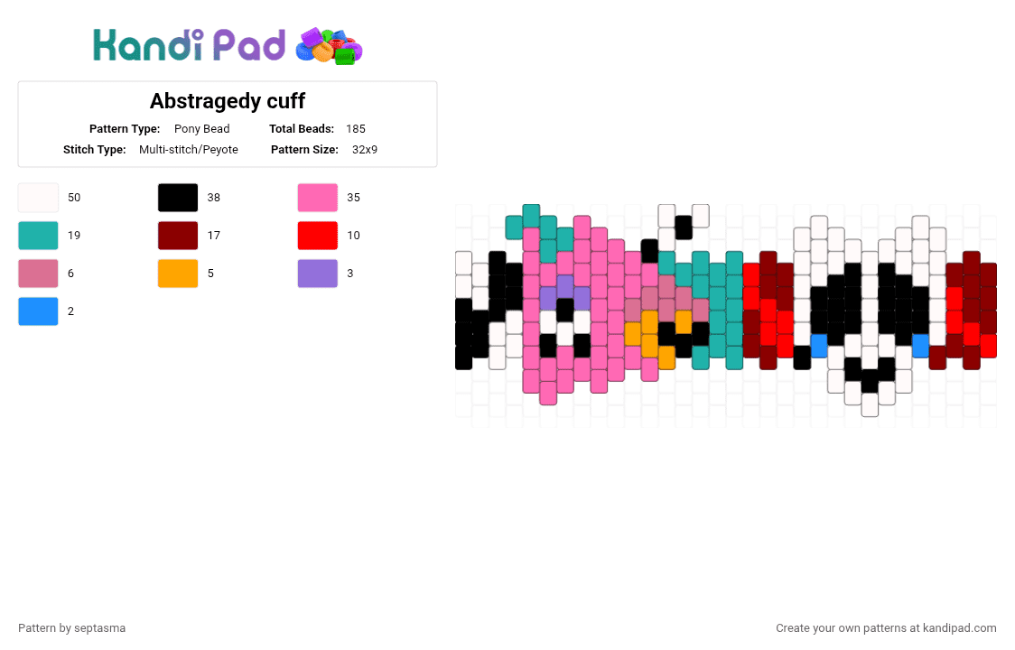 Abstragedy cuff - Pony Bead Pattern by septasma on Kandi Pad - pink,teal,red,abstragedy,gangle,zooble,zooble tadc,gangle tadc,the amazing digital circus,tadc