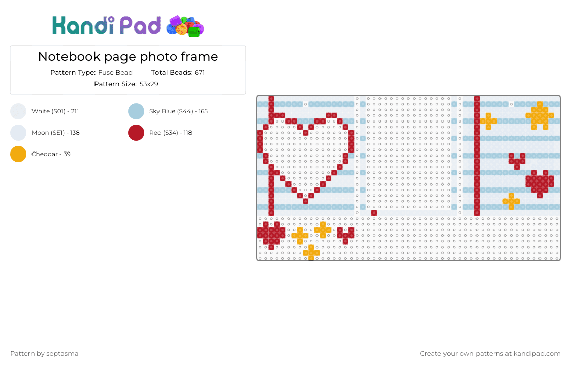 Notebook page photo frame - Fuse Bead Pattern by septasma on Kandi Pad - white,light blue,red,photocard,notebook