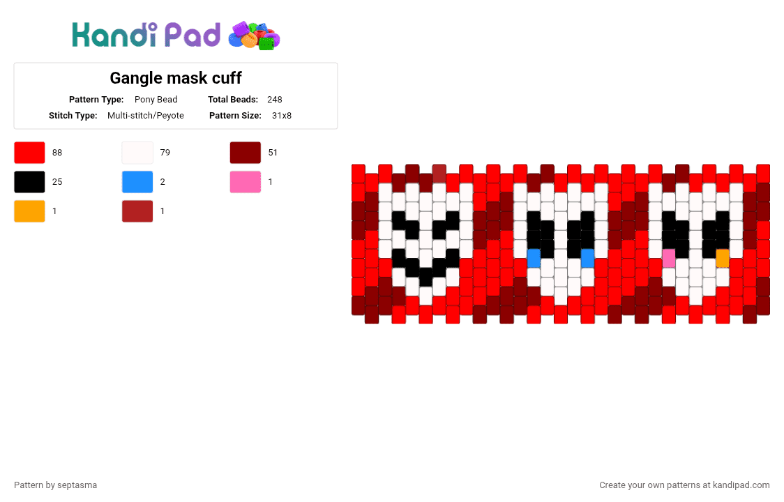 Gangle mask cuff - Pony Bead Pattern by septasma on Kandi Pad - red,gangle,gangle tadc,tadc,the amazing digital circus