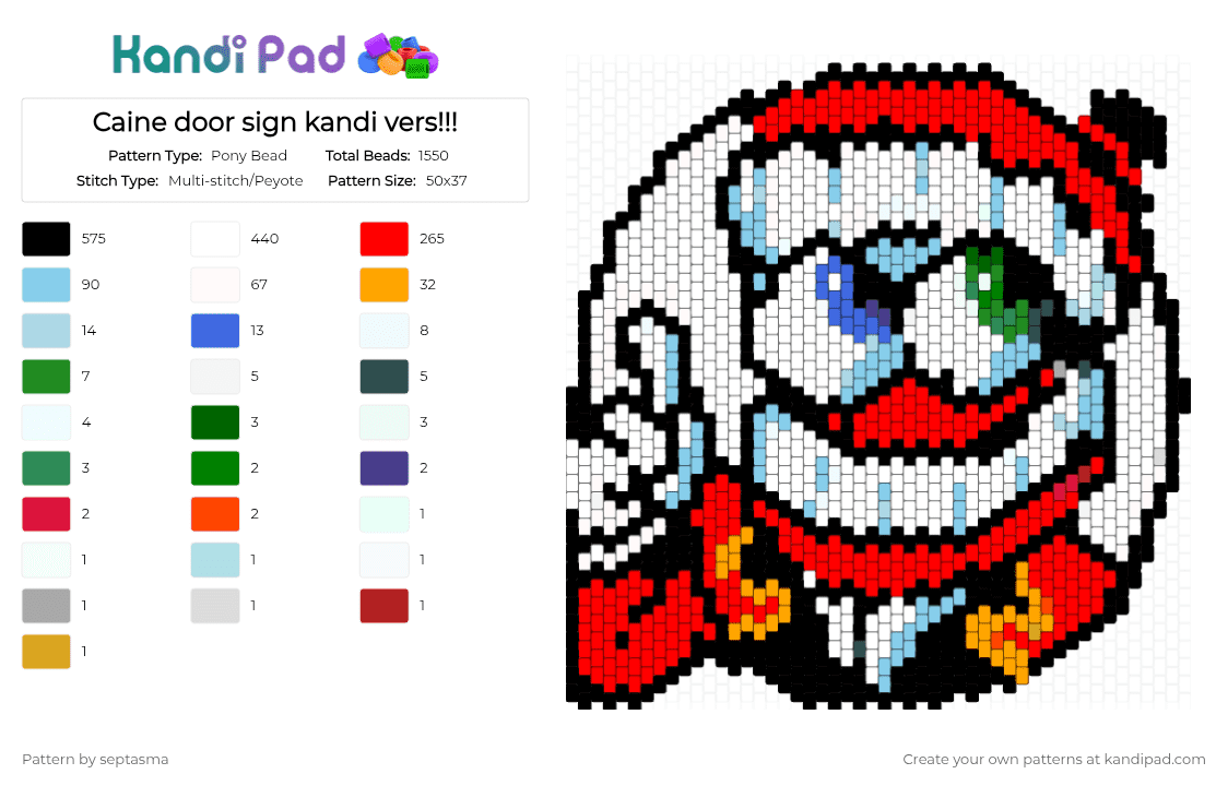 Caine door sign kandi vers!!! - Pony Bead Pattern by septasma on Kandi Pad - white,red,light blue,tadc,the amazing digital circus,caine,caine tadc
