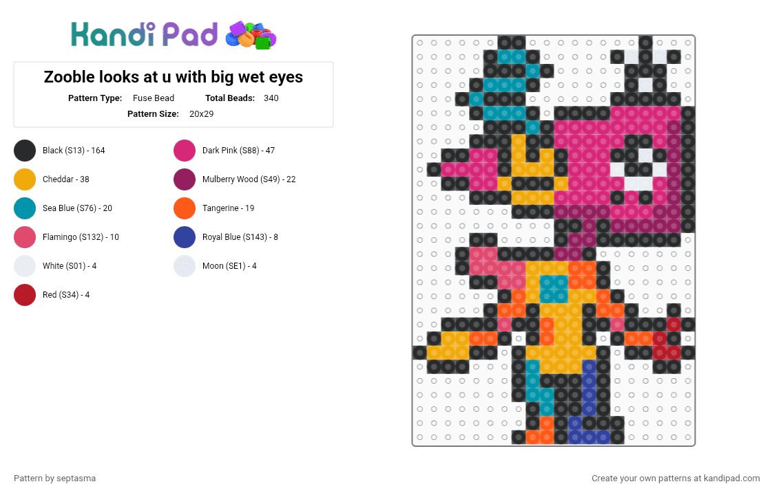 Zooble looks at u with big wet eyes - Fuse Bead Pattern by septasma on Kandi Pad - black,pink,orange,zooble,zooble tadc,tadc,the amazing digital circus