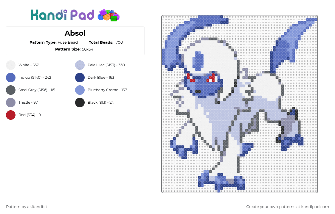 Absol - Fuse Bead Pattern by akitandbit on Kandi Pad - blue,gray,pink