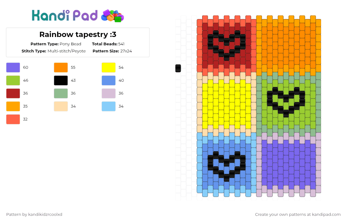 Rainbow tapestry :3 - Pony Bead Pattern by kandikidzrcoolxd on Kandi Pad - orange,yellow,blue,colorful,payote,rainbow,tapestry