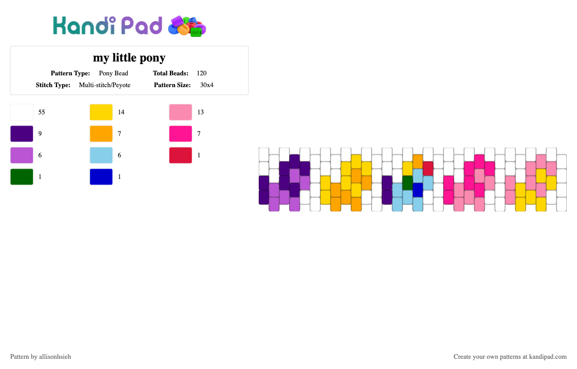 my little pony - Pony Bead Pattern by allisonhsieh on Kandi Pad - pink, purple, white, yellow