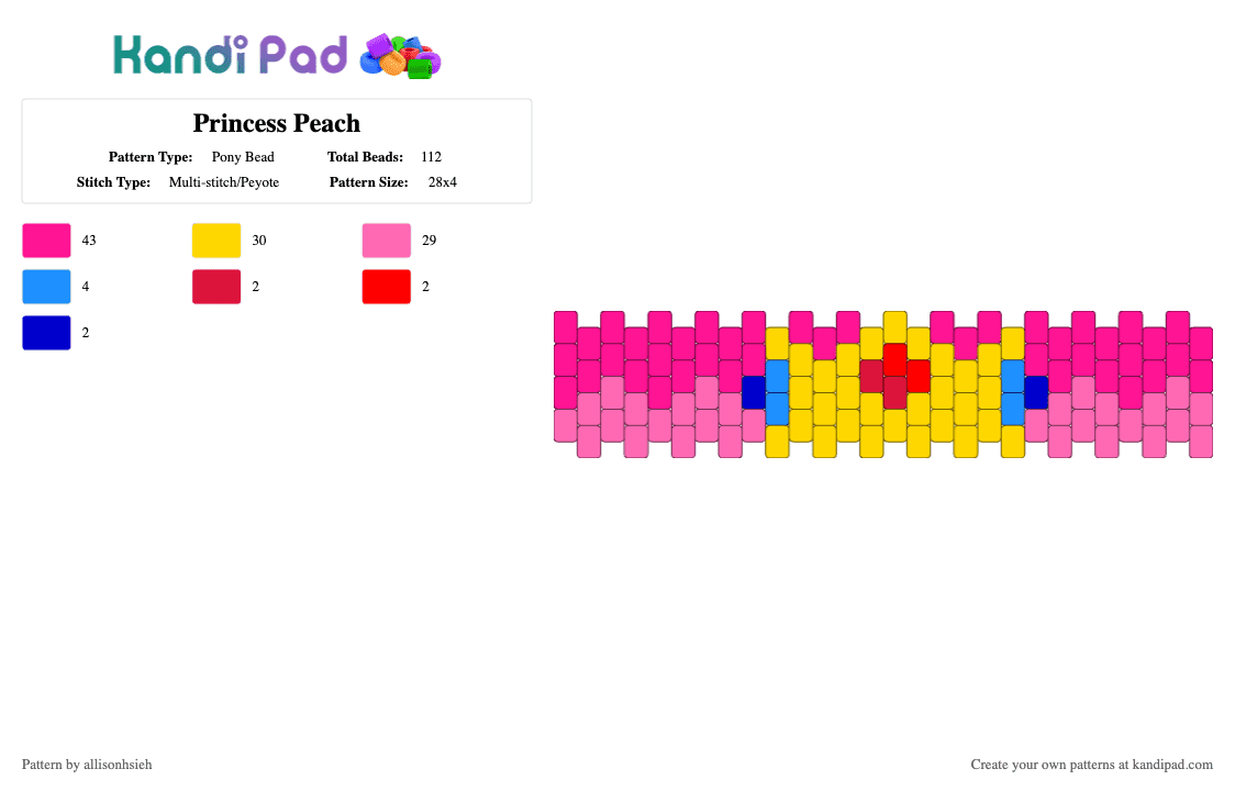 Princess Peach - Pony Bead Pattern by allisonhsieh on Kandi Pad - pink,yellow