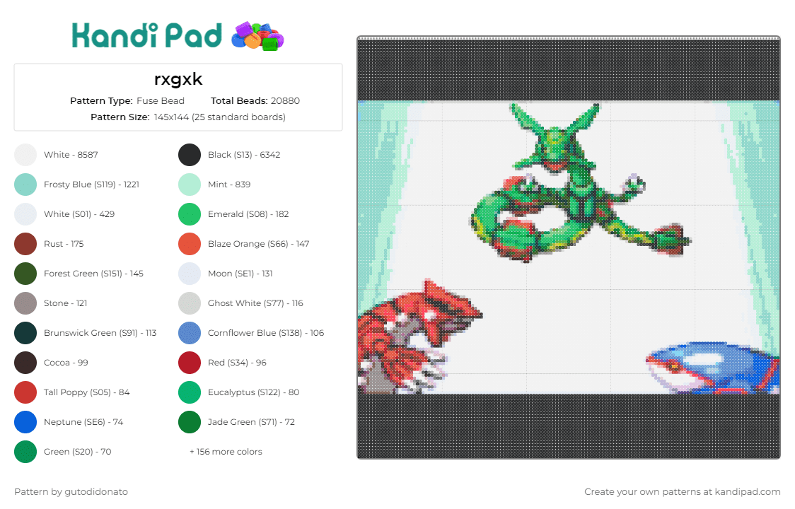 rxgxk - Fuse Bead Pattern by gutodidonato on Kandi Pad - rayquaza,pokemon,battle,confrontation,dynamic,iconic,striking,spirited,encounter,green