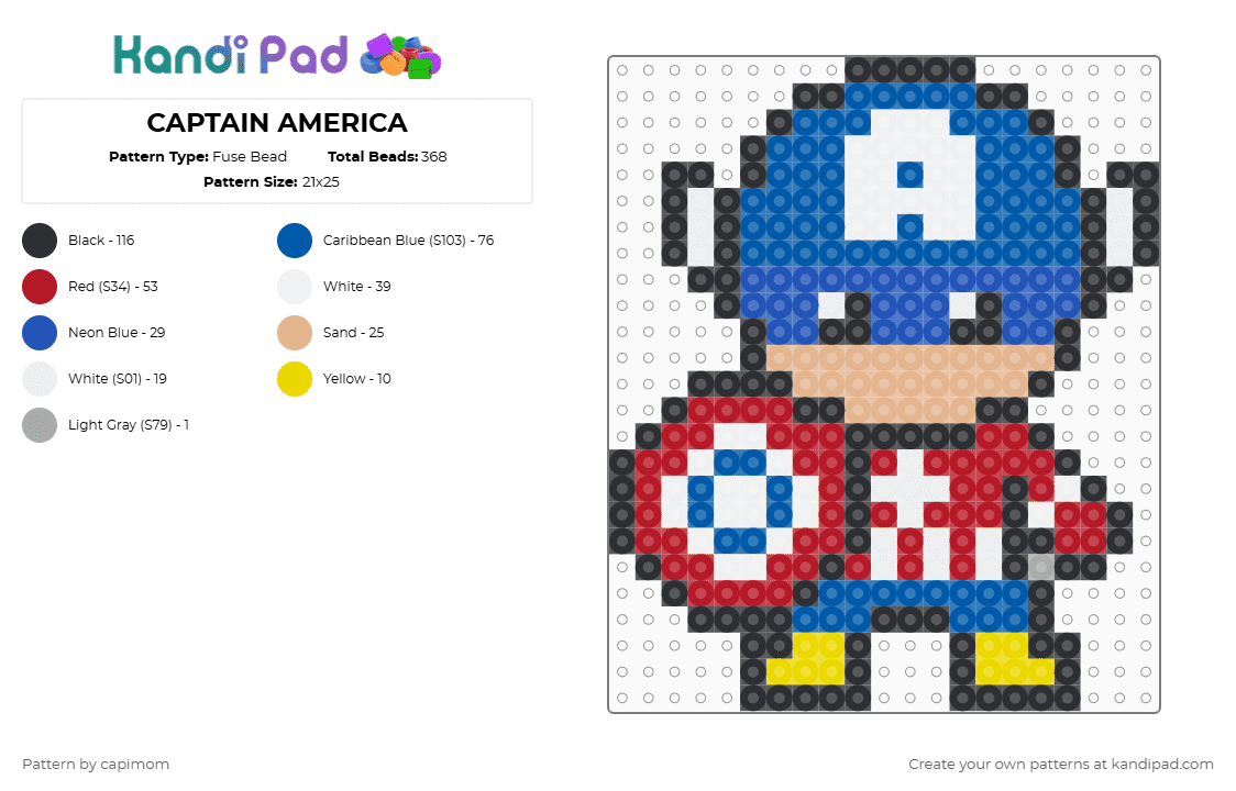 CAPTAIN AMERICA - Fuse Bead Pattern by capimom on Kandi Pad - blue,red