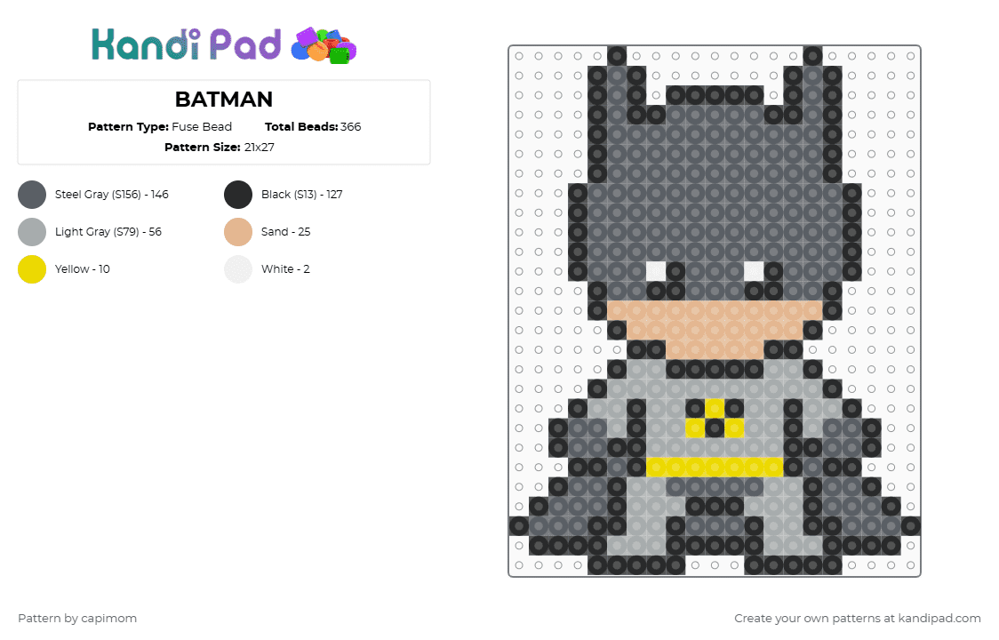 BATMAN - Fuse Bead Pattern by capimom on Kandi Pad - gray