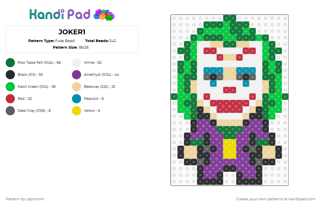 JOKER1 - Fuse Bead Pattern by capimom on Kandi Pad - green,beige,pink