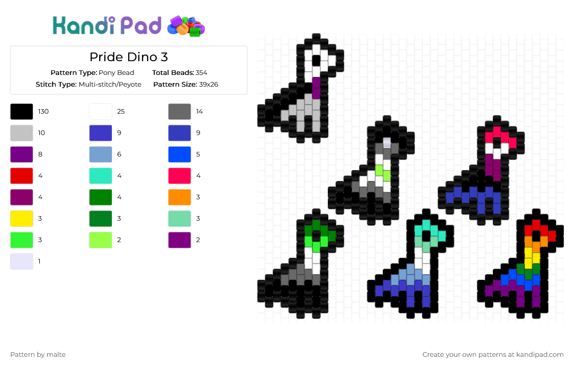 Pride Dino 3 - Pony Bead Pattern by malte on Kandi Pad - black,green,purple,beige,colorful,flags,pride,dino
