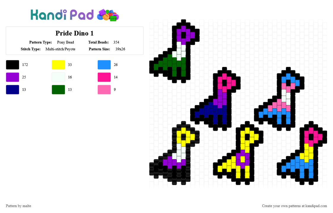 Pride Dino 1 - Pony Bead Pattern by malte on Kandi Pad - black,yellow,light blue,purple,dino,pride,flag