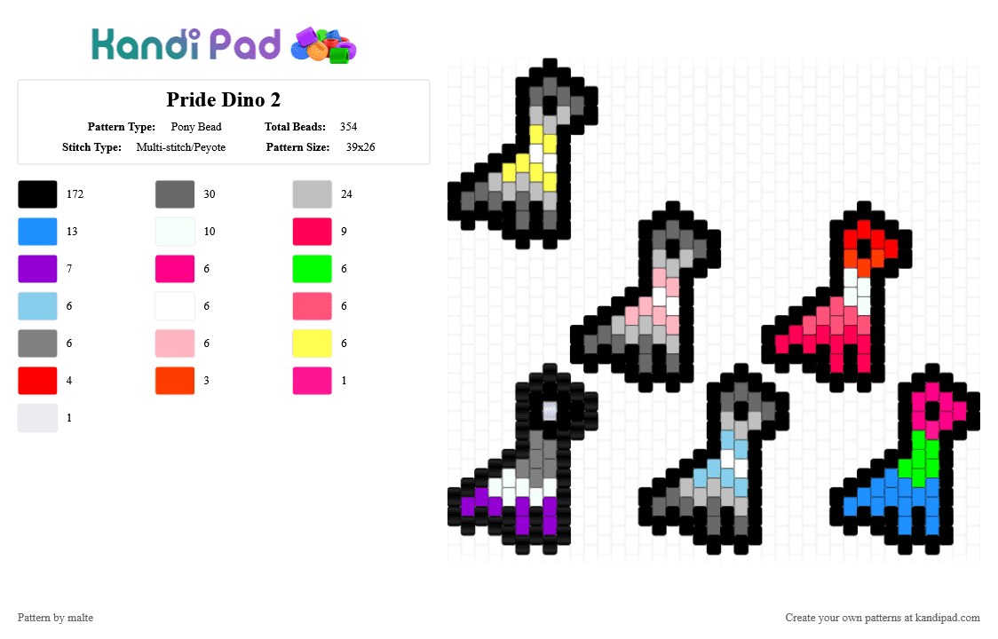 Pride Dino 2 - Pony Bead Pattern by malte on Kandi Pad - black,gray,beige,colorful,pride,flag,dino