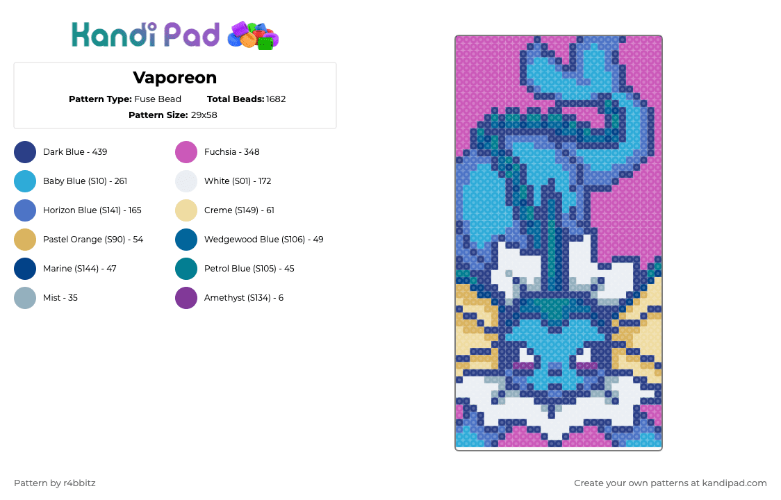 Vaporeon - Fuse Bead Pattern by r4bbitz on Kandi Pad - light blue,blue,pink