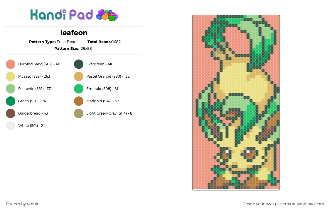 Leafeon - Fuse Bead Pattern by r4bbitz on Kandi Pad - gray,yellow,orange