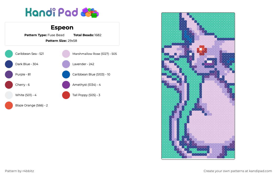 Espeon - Fuse Bead Pattern by r4bbitz on Kandi Pad - pink,blue,teal