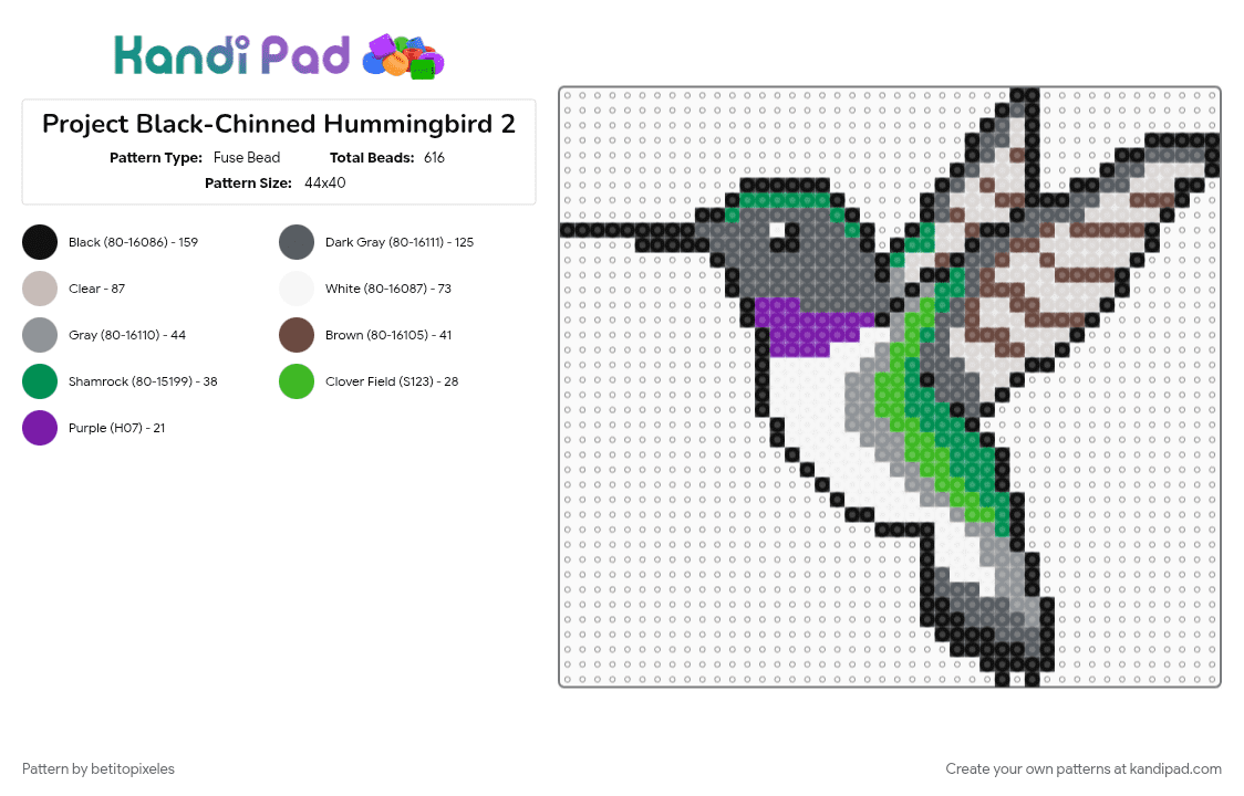 Project Black-Chinned Hummingbird 2 - Fuse Bead Pattern by betitopixeles on Kandi Pad - beige, gray