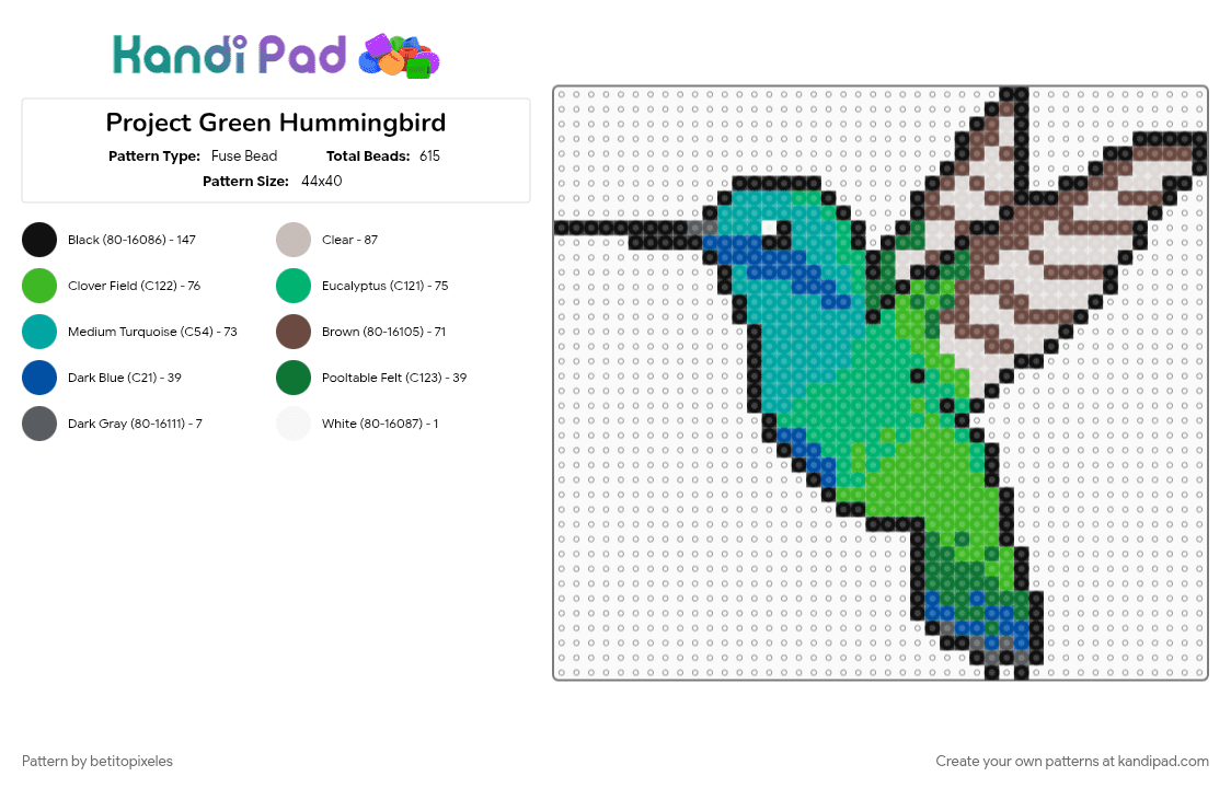Project Green Hummingbird - Fuse Bead Pattern by betitopixeles on Kandi Pad - beige, brown, green, teal