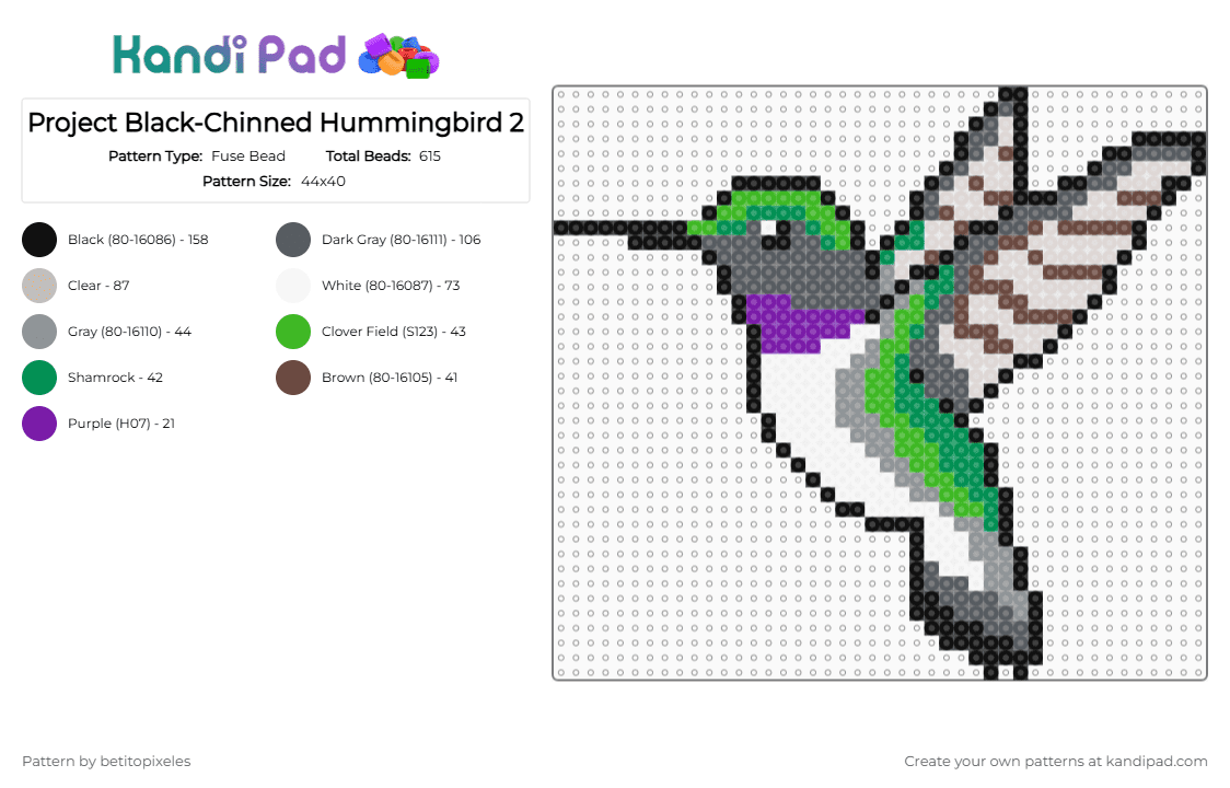Project Black-Chinned Hummingbird 2 - Fuse Bead Pattern by betitopixeles on Kandi Pad - green,gray,beige