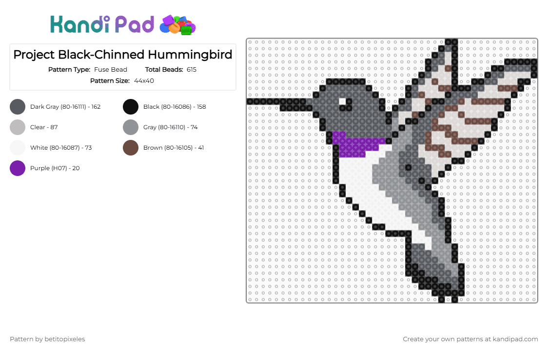 Project Black-Chinned Hummingbird - Fuse Bead Pattern by betitopixeles on Kandi Pad - gray