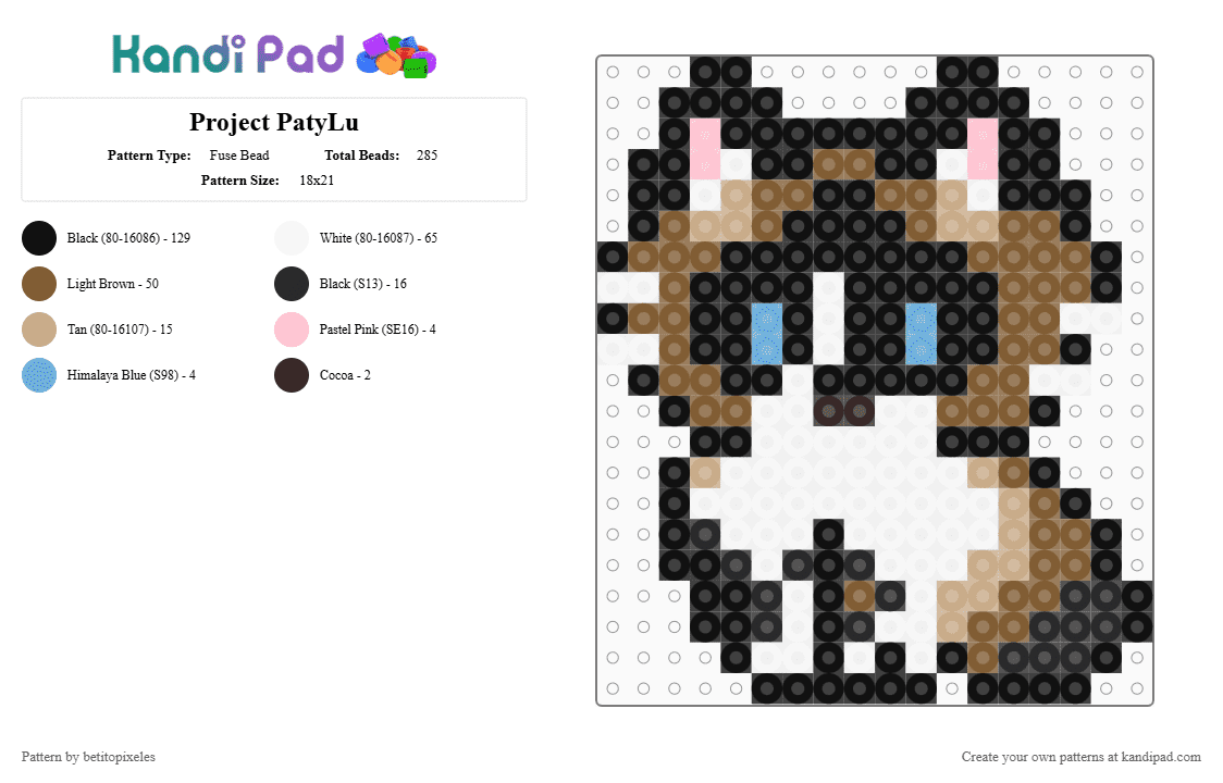Project PatyLu - Fuse Bead Pattern by betitopixeles on Kandi Pad - black,white,tan,beige