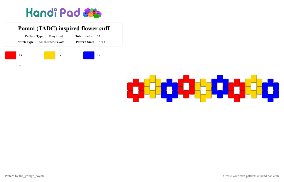 Pomni (TADC) inspired flower cuff - Pony Bead Pattern by the_grunge_coyote on Kandi Pad - red,yellow,purple