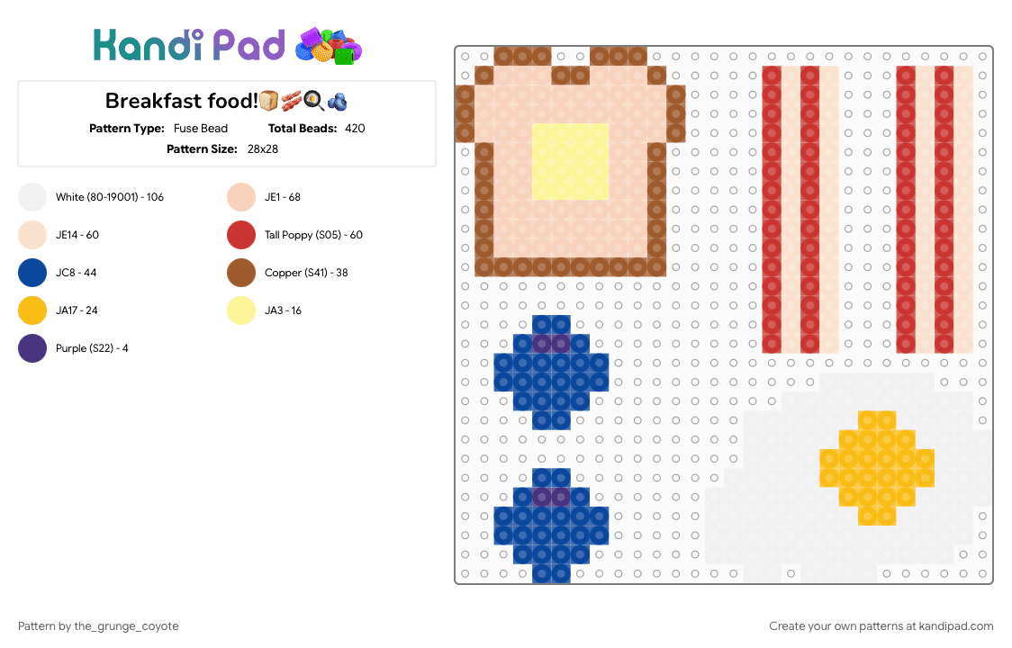 Breakfast food!🍞🥓🍳🫐 - Fuse Bead Pattern by the_grunge_coyote on Kandi Pad - beige, cotdbrunch, red