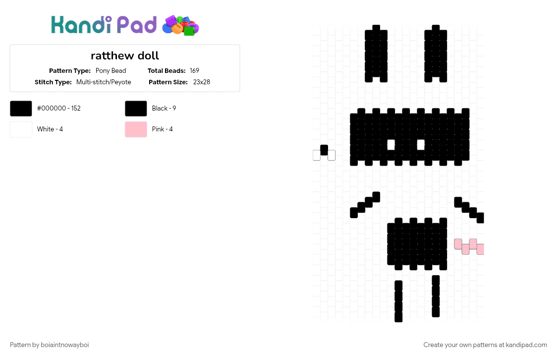 ratthew doll - Pony Bead Pattern by boiaintnowayboi on Kandi Pad - black, pink