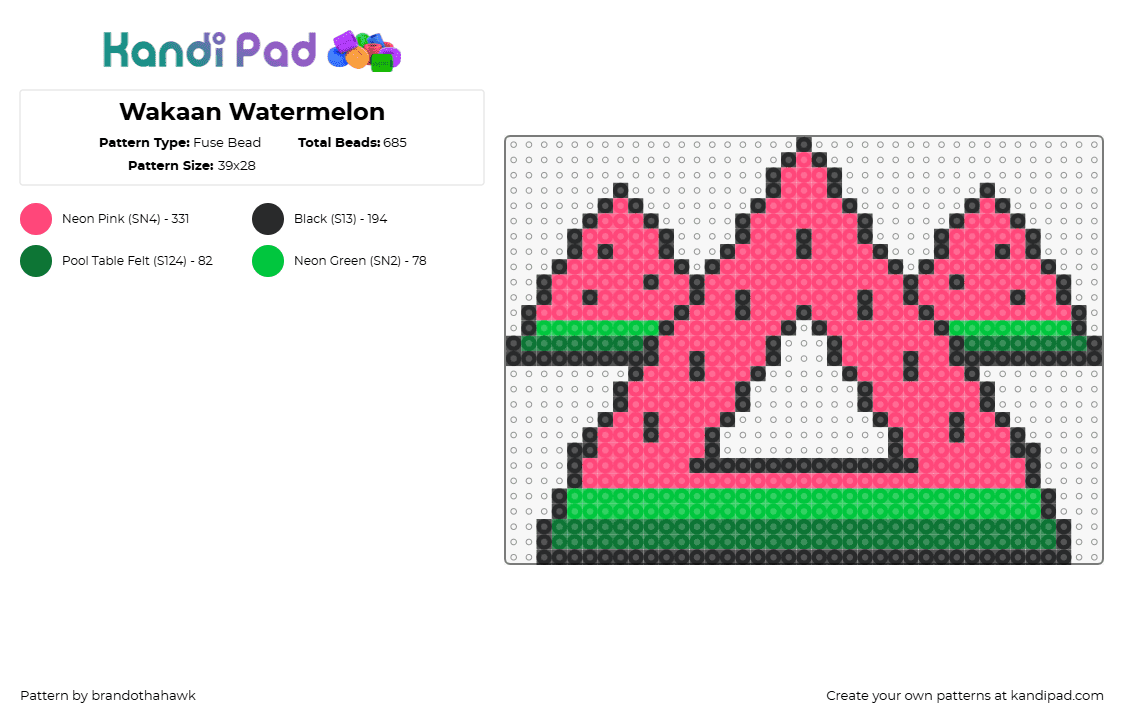 Wakaan Watermelon - Fuse Bead Pattern by brandothahawk on Kandi Pad - wakaan,liquid stranger,watermelon,festival,logo,music,edm,fruit,summer,pink,green