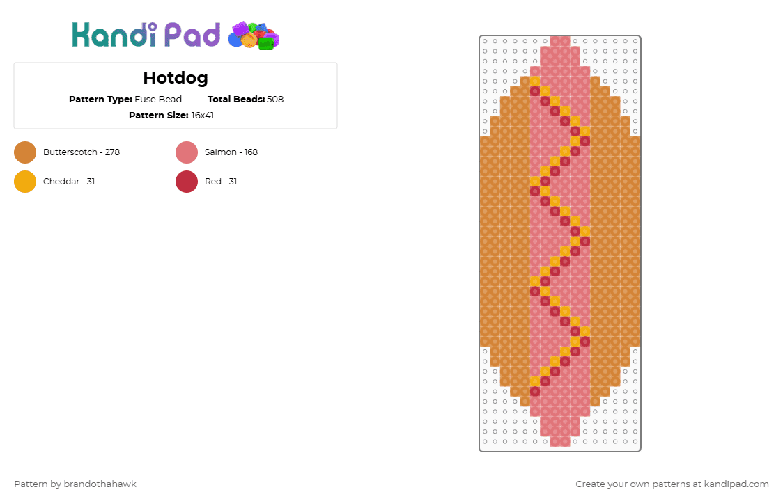 Hotdog - Fuse Bead Pattern by brandothahawk on Kandi Pad - red,orange,hotdog,boof