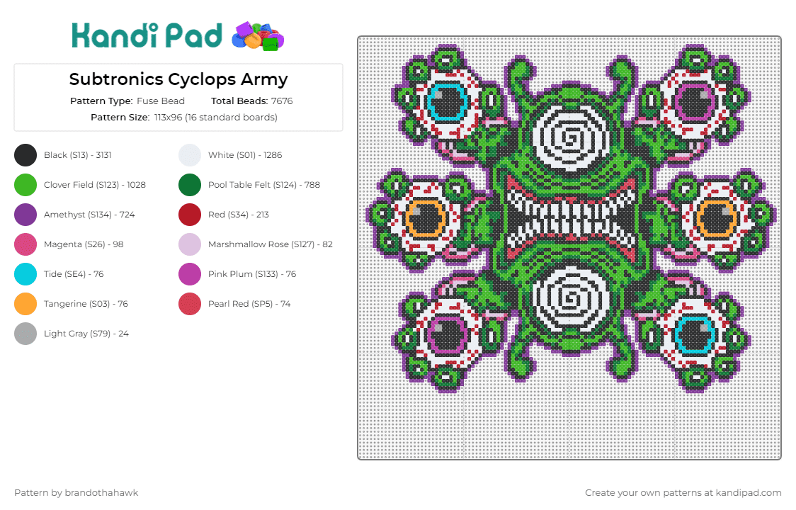 Subtronics Cyclops Army - Fuse Bead Pattern by brandothahawk on Kandi Pad - subtronics,cyclops,eyeballs,trippy,hypnotic,dj,edm,music,green,colorful