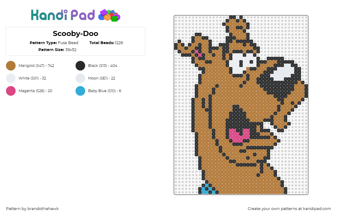 Scooby-Doo - Fuse Bead Pattern by brandothahawk on Kandi Pad - scooby doo,dog,cartoon,character,animal,tv show,classic,mystery,animated,brown