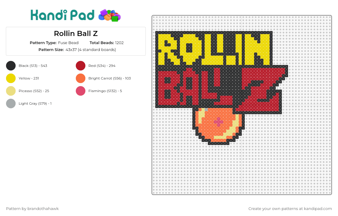 Rollin Ball Z - Fuse Bead Pattern by brandothahawk on Kandi Pad - rolling,dragon ball z,festival,anime,music,drugs,dynamic,energized,tribute,black,orange,yellow,red