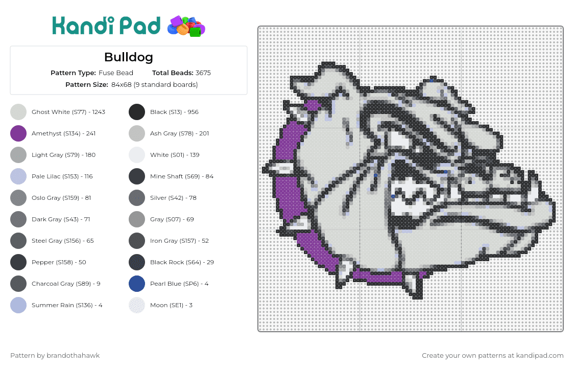 Bulldog - Fuse Bead Pattern by brandothahawk on Kandi Pad - bulldog,animal,dog,mascot,pet,canine,portrait,gray,purple
