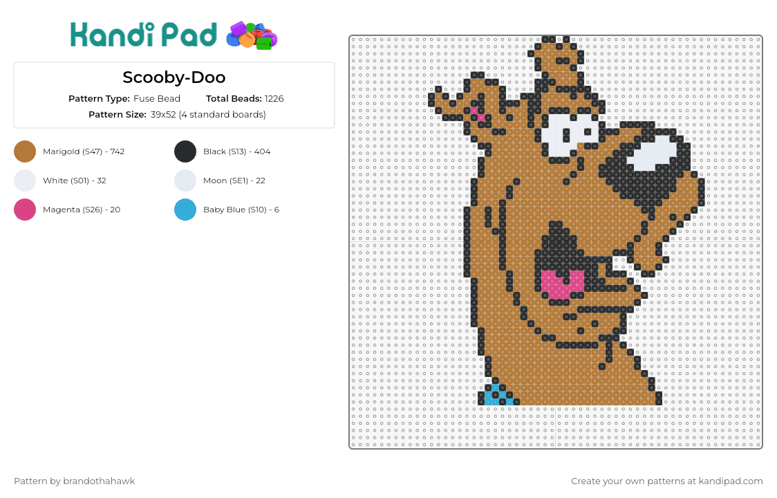 Scooby-Doo - Fuse Bead Pattern by brandothahawk on Kandi Pad - scooby doo,dog,cartoon,character,animal,tv show,classic,mystery,animated,brown