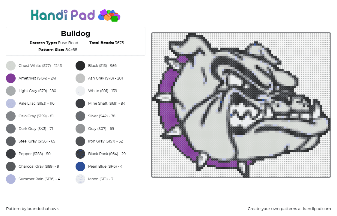 Bulldog - Fuse Bead Pattern by brandothahawk on Kandi Pad - bulldog,animal,dog,mascot,pet,canine,portrait,gray,purple