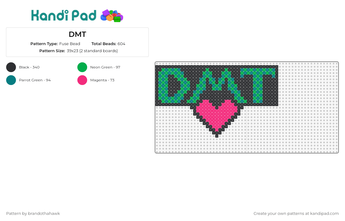 DMT - Fuse Bead Pattern by brandothahawk on Kandi Pad - dmt,drugs,heart,rave,bold,connection,experiences,black,green,pink